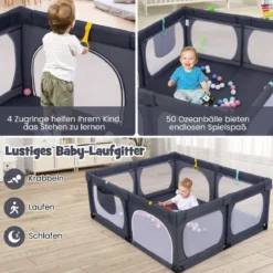 Baby-Laufgitter mit 4 Zugringen & 50 Ozeanbällen & Atmungsaktives Mesh & Tragetasche Dunkelgrau