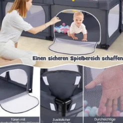 Baby-Laufgitter mit 4 Zugringen & 50 Ozeanbällen & Atmungsaktives Mesh & Tragetasche Dunkelgrau