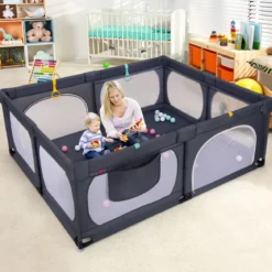 Baby-Laufgitter mit 4 Zugringen & 50 Ozeanbällen & Atmungsaktives Mesh & Tragetasche Dunkelgrau