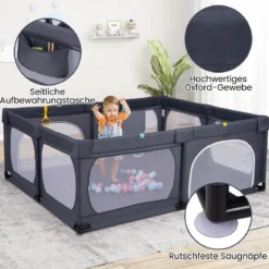 Baby-Laufgitter mit 4 Zugringen & 50 Ozeanbällen & Atmungsaktives Mesh & Tragetasche Dunkelgrau