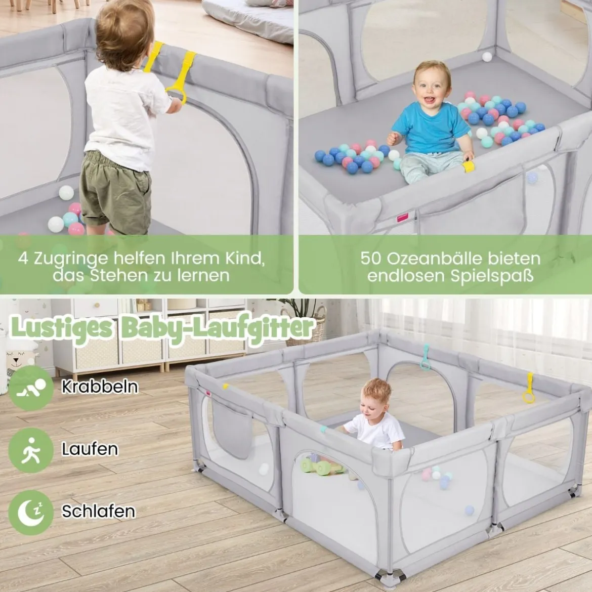 Baby-Laufgitter mit 4 Zugringen & 50 Ozeanbällen & Atmungsaktives Mesh & Tragetasche Hellgrau