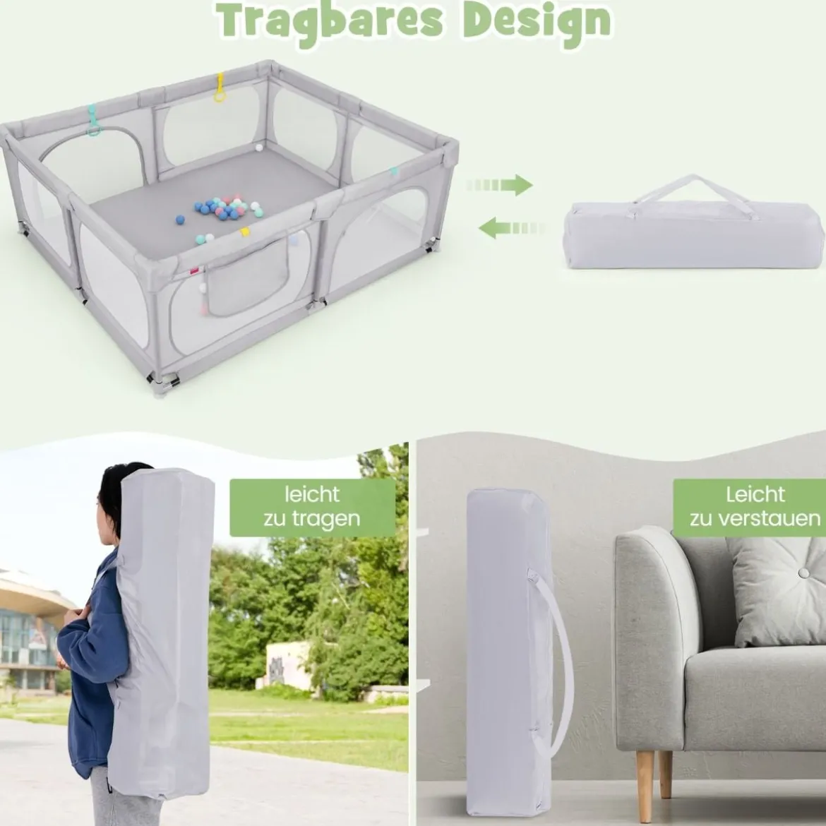 Baby-Laufgitter mit 4 Zugringen & 50 Ozeanbällen & Atmungsaktives Mesh & Tragetasche Hellgrau