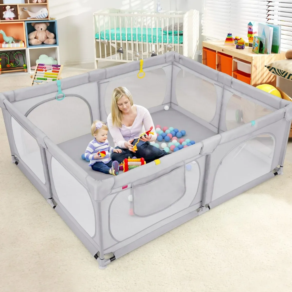 Baby-Laufgitter mit 4 Zugringen & 50 Ozeanbällen & Atmungsaktives Mesh & Tragetasche Hellgrau