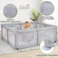 Baby-Laufgitter mit 4 Zugringen & 50 Ozeanbällen & Atmungsaktives Mesh & Tragetasche Hellgrau