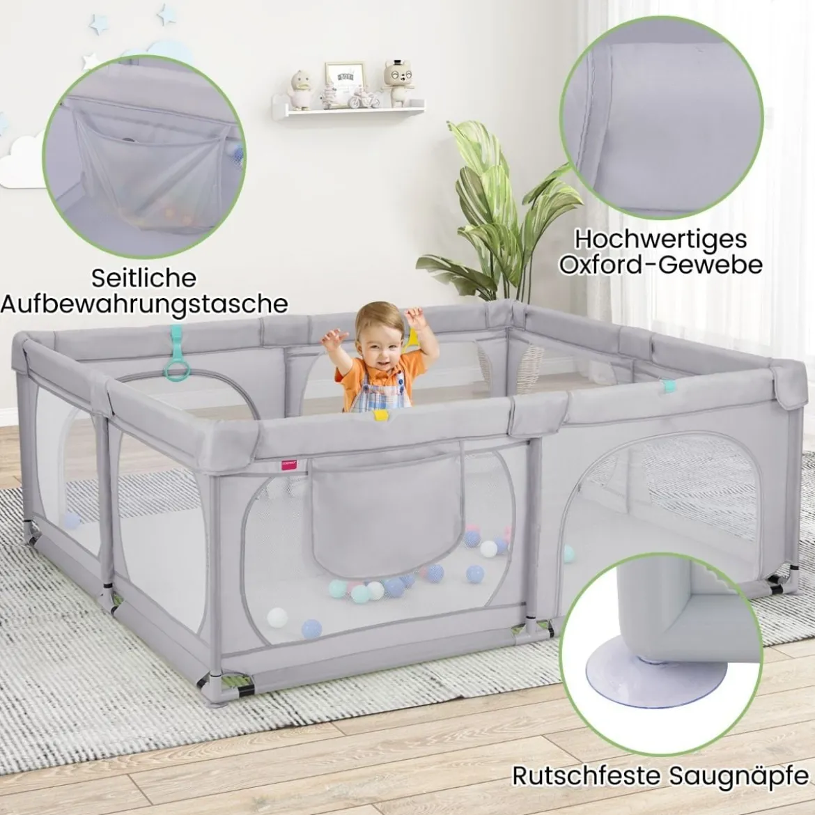 Baby-Laufgitter mit 4 Zugringen & 50 Ozeanbällen & Atmungsaktives Mesh & Tragetasche Hellgrau