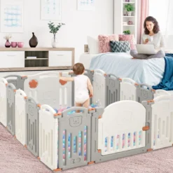 Baby Laufgitter 16 Paneele Laufstall Absperrgitter mit Tür