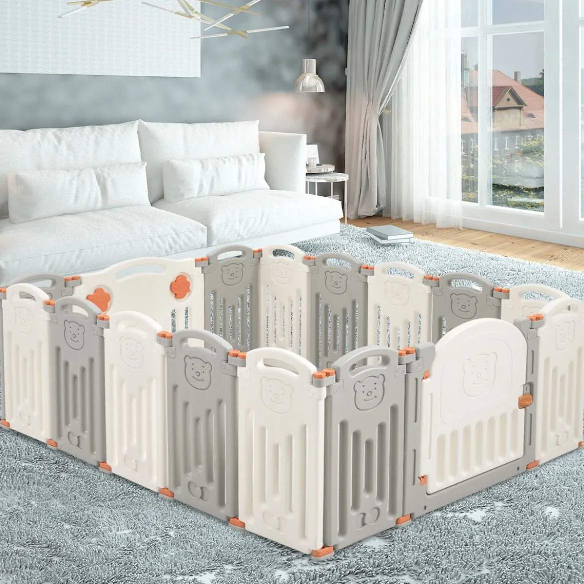 Baby Laufgitter 16 Paneele Laufstall Absperrgitter mit Tür