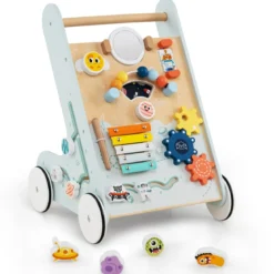 Baby Lauflernhilfe zum Schieben & Ziehen Holz Lauflernwagen Laufspielzeug mit Rädern Grün
