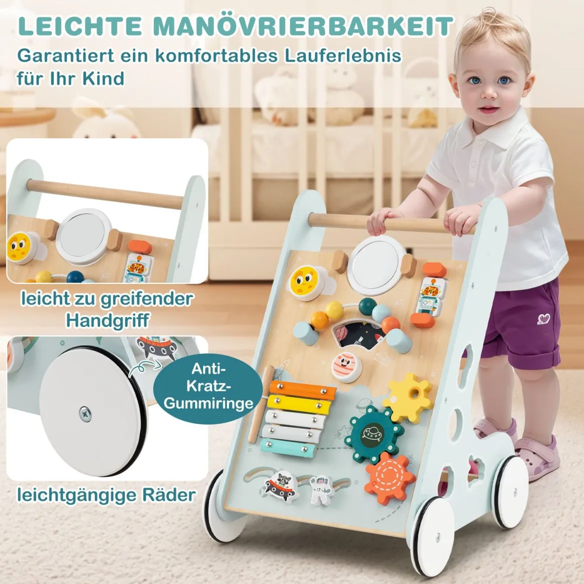 Baby Lauflernhilfe zum Schieben & Ziehen Holz Lauflernwagen Laufspielzeug mit Rädern Grün
