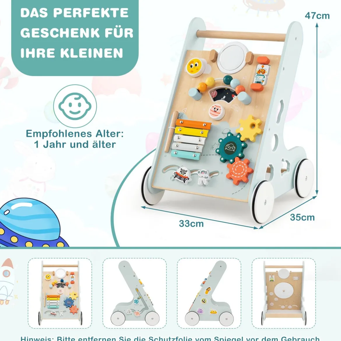 Baby Lauflernhilfe zum Schieben & Ziehen Holz Lauflernwagen Laufspielzeug mit Rädern Grün