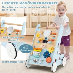 Baby Lauflernhilfe zum Schieben & Ziehen Holz Lauflernwagen Laufspielzeug mit Rädern Blau
