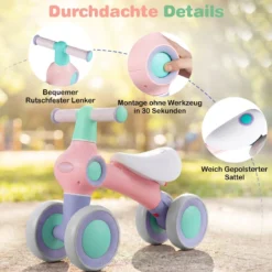 Baby Laufrad mit Verstellbarem Weichem Sitz & 4 Geräuschlose Räder ohne Pedale Rosa