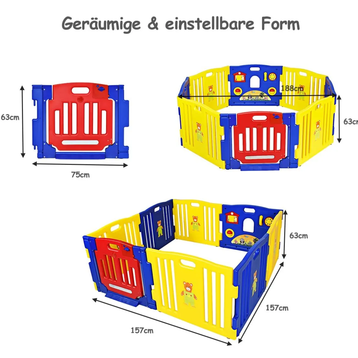 Baby-Laufstall für Kinder 8 Paneele Laufgitter Baby Laufstall mit Tür 188 x 63 cm Bunt