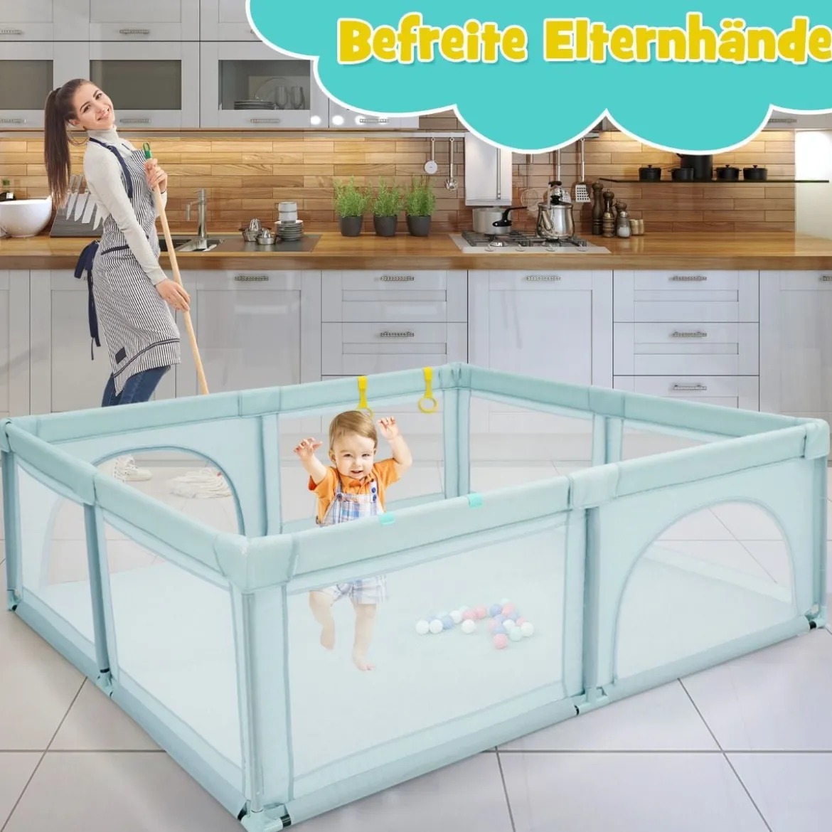 Baby-Laufstall für Kleinkinder mit 50 Spielbällen & Atmungsaktivem Netz Blau