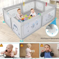Baby Laufstall mit 50 Bällen & 2 Türen & Atmungsaktivem Netz & Reißverschluss Pinguine