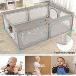 Baby Laufstall mit 50 Bällen & 2 Türen & Atmungsaktivem Netz & Reißverschluss Grau