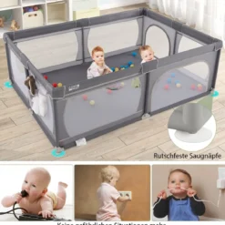 Baby Laufstall mit 50 Bällen & 2 Türen & Atmungsaktivem Netz Dunkelgrau