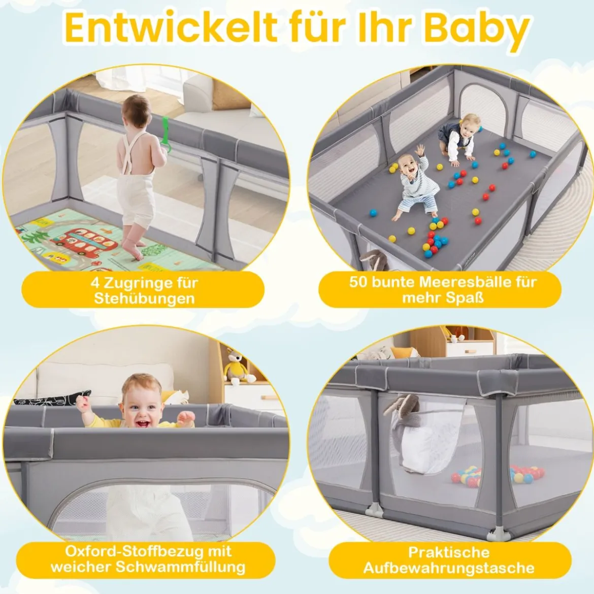 Baby Laufstall mit 50 Bällen & 2 Türen & Atmungsaktivem Netz & Reißverschluss