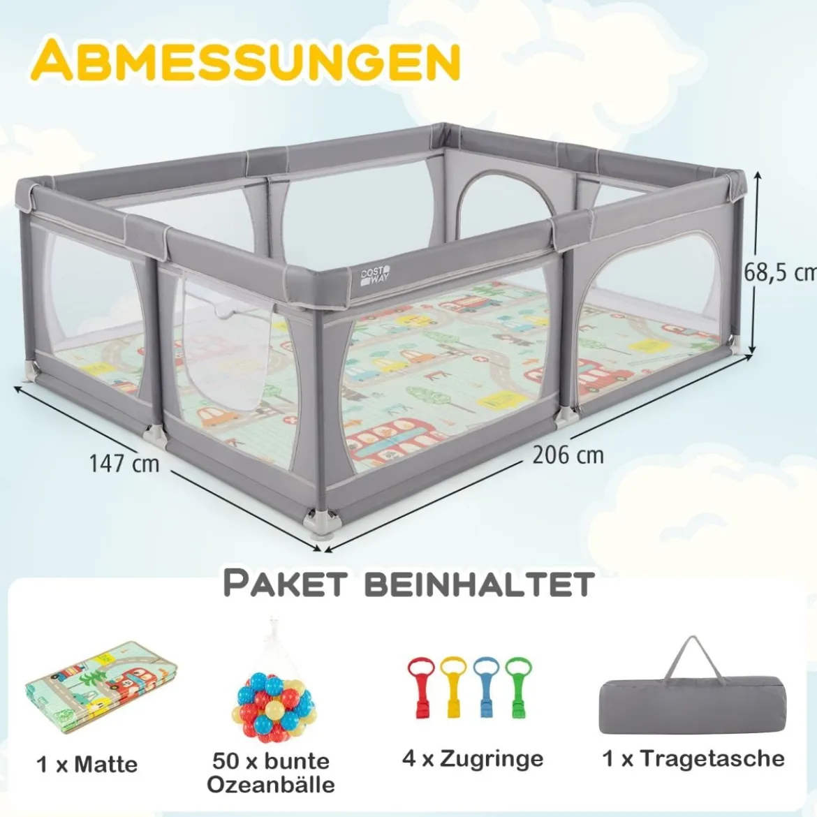 Baby Laufstall mit 50 Bällen & 2 Türen & Atmungsaktivem Netz & Reißverschluss