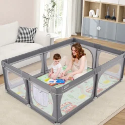 Baby Laufstall mit 50 Bällen & 2 Türen & Atmungsaktivem Netz & Reißverschluss