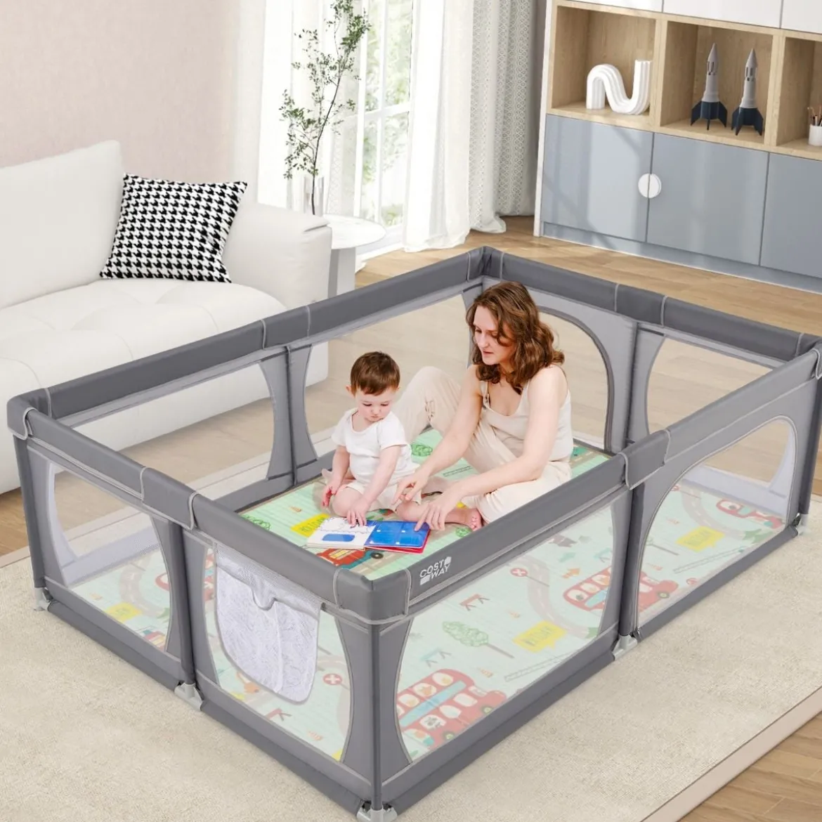 Baby Laufstall mit 50 Bällen & 2 Türen & Atmungsaktivem Netz & Reißverschluss