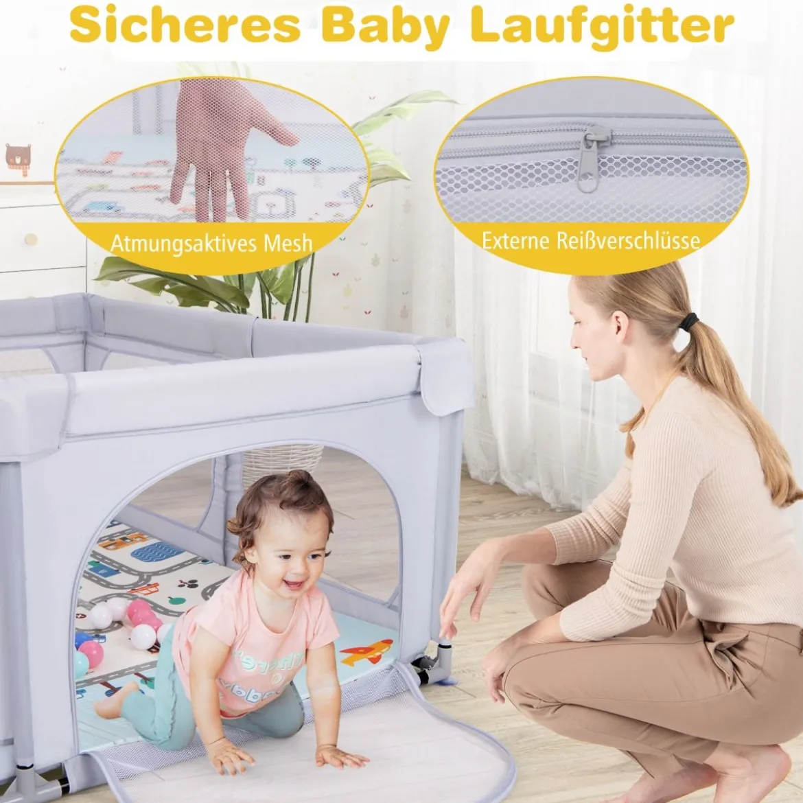 Baby Laufstall mit Matratze & 50 Spielbällen & 4 Zugringen & 4 Reißverschlusstür Hellgrau