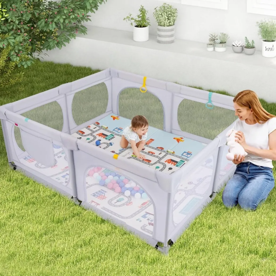 Baby Laufstall mit Matratze & 50 Spielbällen & 4 Zugringen & 4 Reißverschlusstür Hellgrau