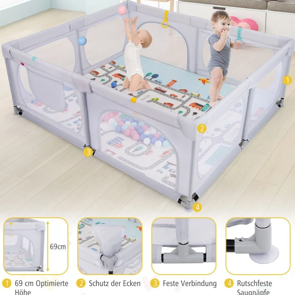 Baby Laufstall mit Matratze & 50 Spielbällen & 4 Zugringen & 4 Reißverschlusstür Hellgrau