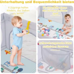 Baby Laufstall mit Matratze & 50 Spielbällen & 4 Zugringen & 4 Reißverschlusstür Hellgrau