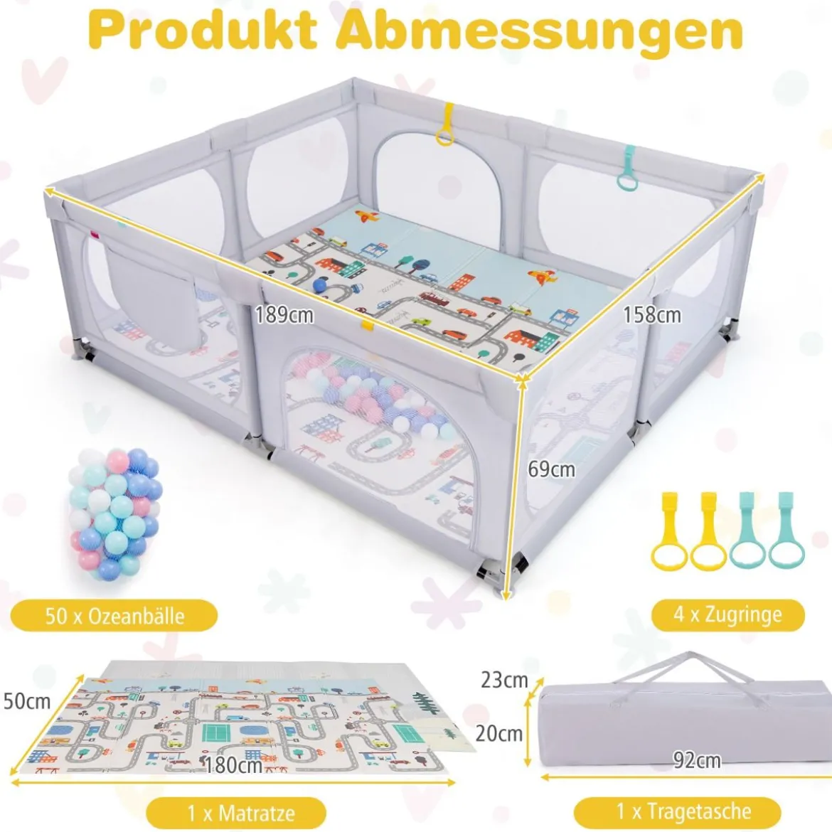 Baby Laufstall mit Matratze & 50 Spielbällen & 4 Zugringen & 4 Reißverschlusstür Hellgrau