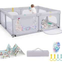 Baby Laufstall mit Matratze & 50 Spielbällen & 4 Zugringen & 4 Reißverschlusstür Hellgrau