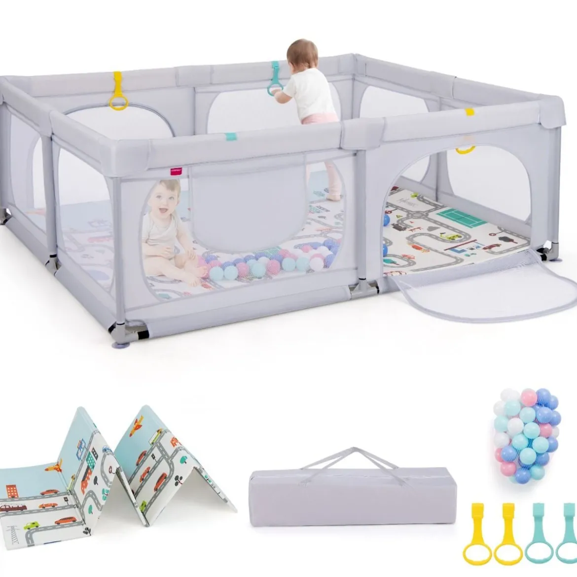 Baby Laufstall mit Matratze & 50 Spielbällen & 4 Zugringen & 4 Reißverschlusstür Hellgrau