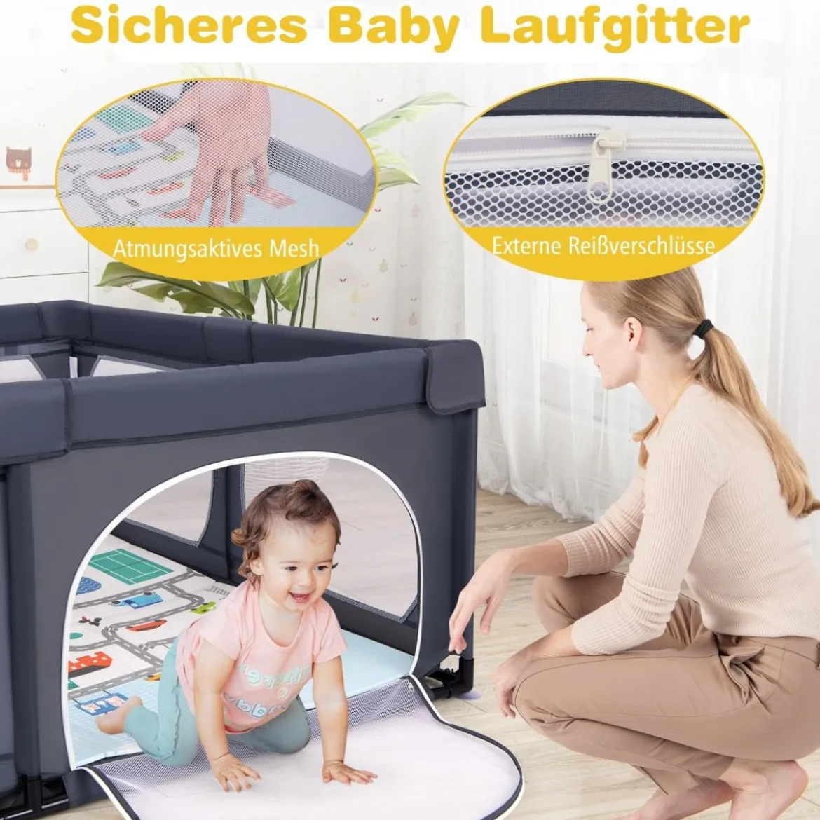 Baby Laufstall mit Matratze & 50 Spielbällen & 4 Zugringen & 4 Reißverschlusstür Dunkelgrau