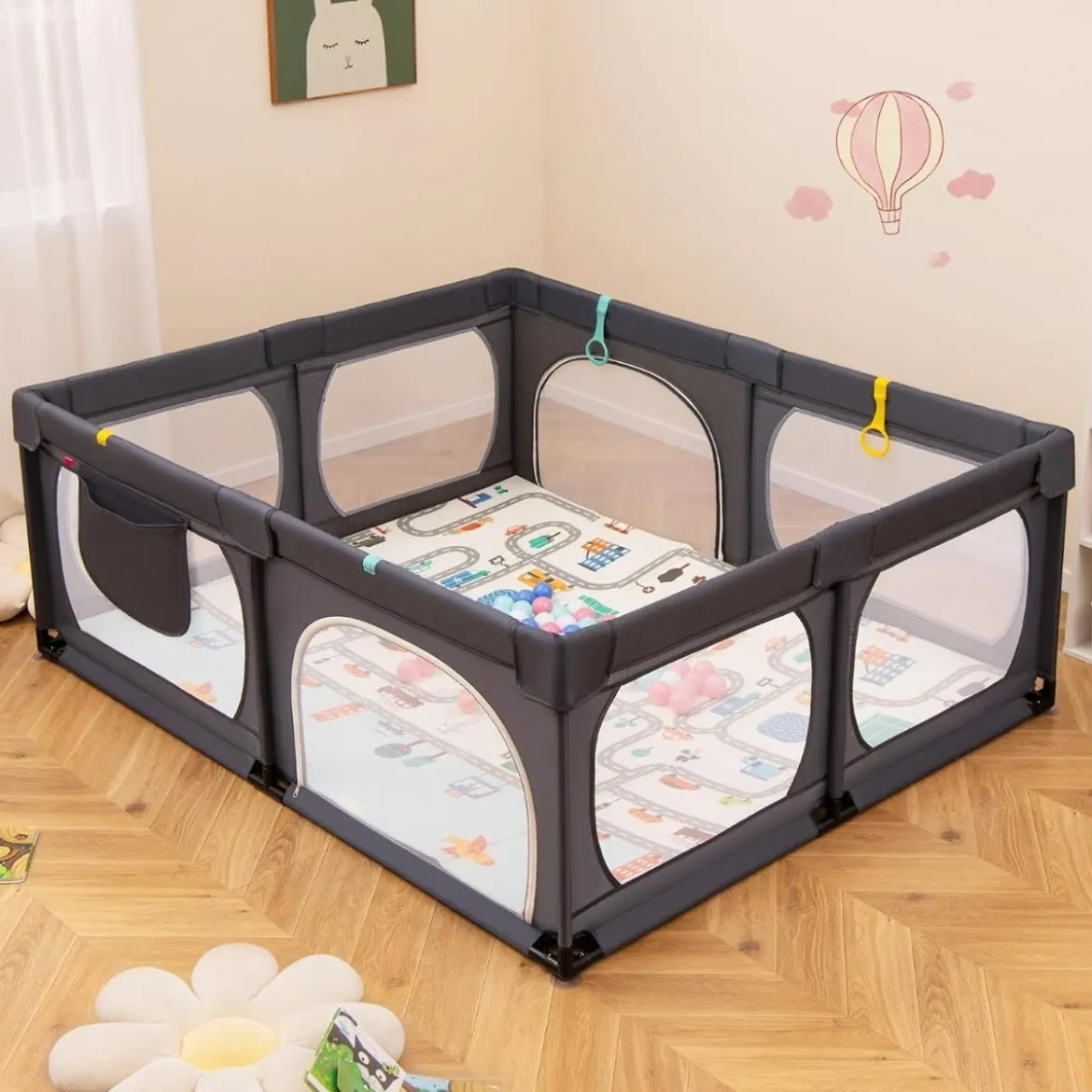 Baby Laufstall mit Matratze & 50 Spielbällen & 4 Zugringen & 4 Reißverschlusstür Dunkelgrau