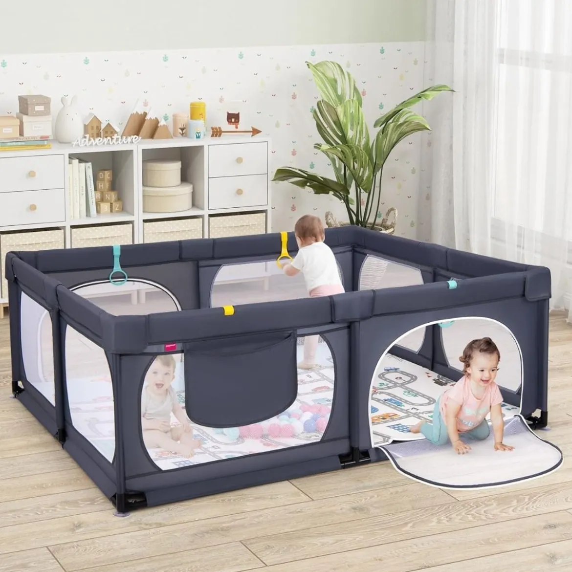 Baby Laufstall mit Matratze & 50 Spielbällen & 4 Zugringen & 4 Reißverschlusstür Dunkelgrau