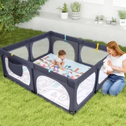 Baby Laufstall mit Matratze & 50 Spielbällen & 4 Zugringen & 4 Reißverschlusstür Dunkelgrau