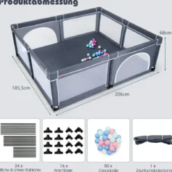 Baby Laufstall mit 50 Spielbällen Laufgitter mit Reißverschluss Dunkelgrau