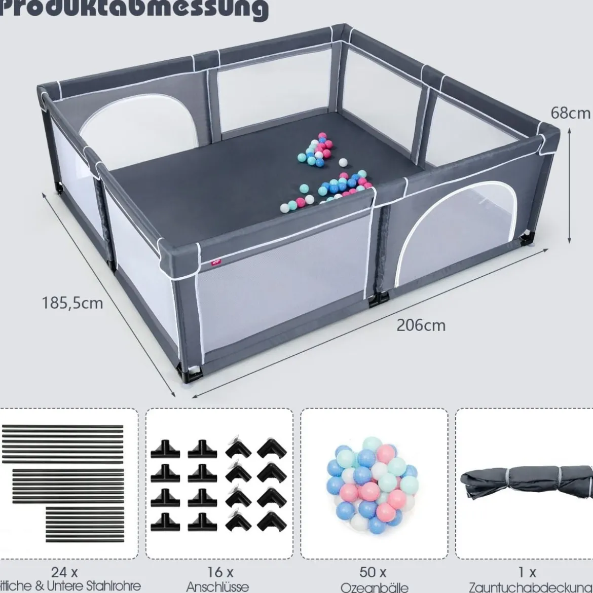 Baby Laufstall mit 50 Spielbällen Laufgitter mit Reißverschluss Dunkelgrau