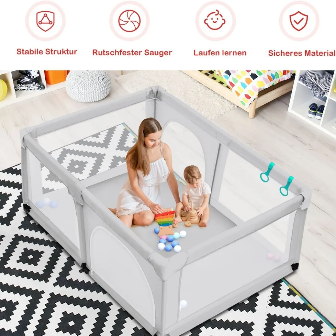 Baby Laufstall mit 50 Spielbällen Laufgitter mit Netz und Reißverschluss 120 x 190 cm Grau