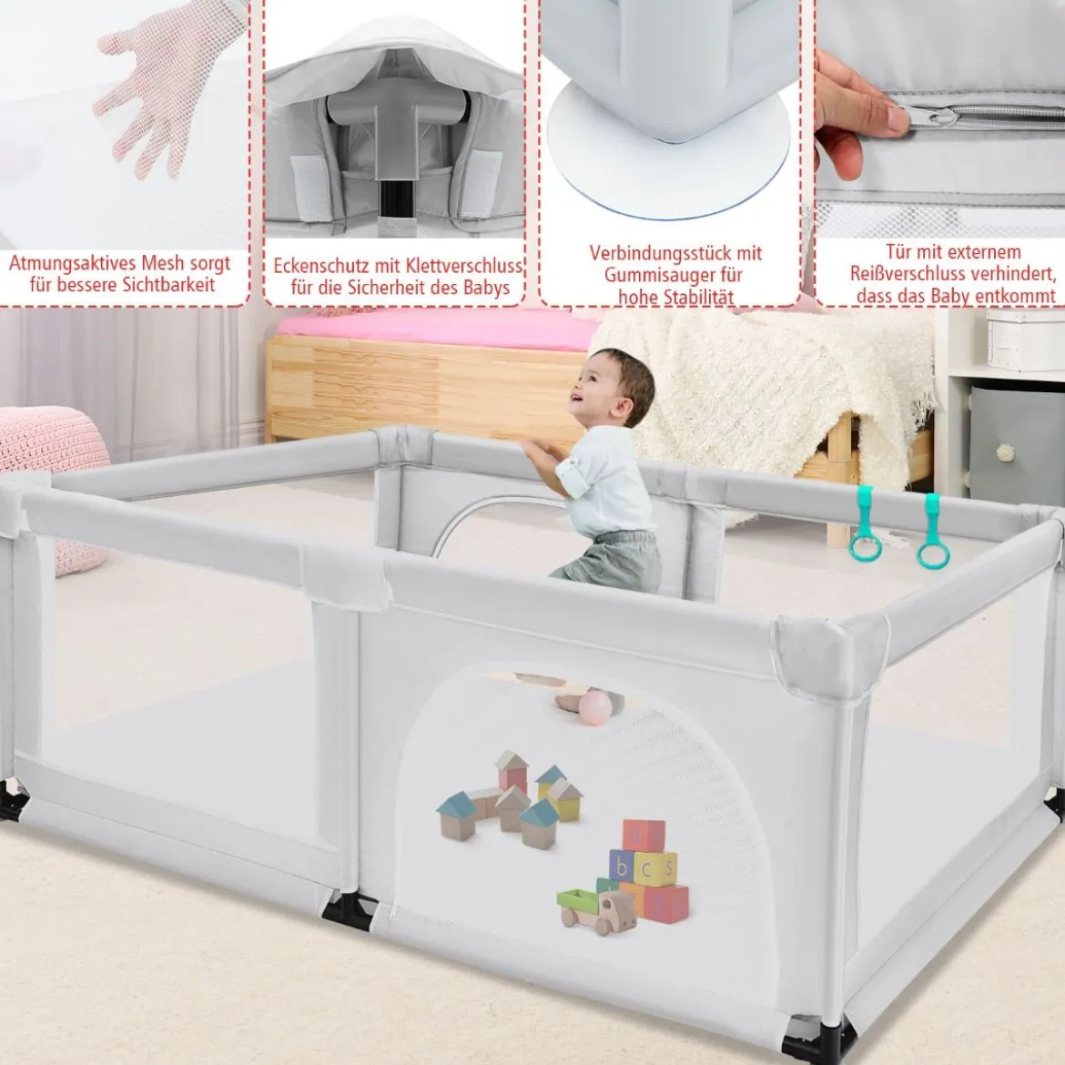 Baby Laufstall mit 50 Spielbällen Laufgitter mit Netz und Reißverschluss 120 x 190 cm Grau