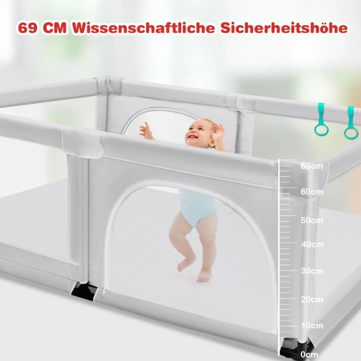 Baby Laufstall mit 50 Spielbällen Laufgitter mit Netz und Reißverschluss 120 x 190 cm Grau