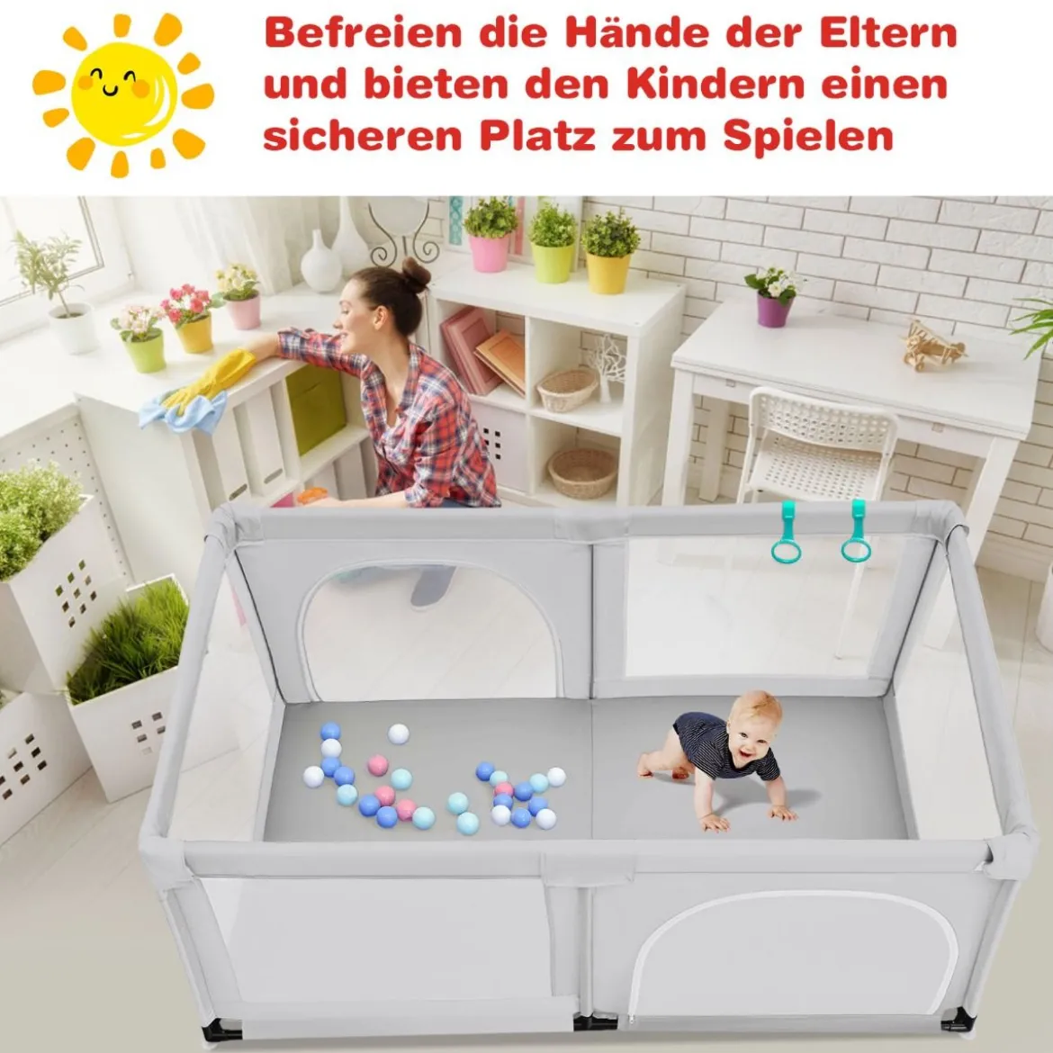 Baby Laufstall mit 50 Spielbällen Laufgitter mit Netz und Reißverschluss 120 x 190 cm Grau