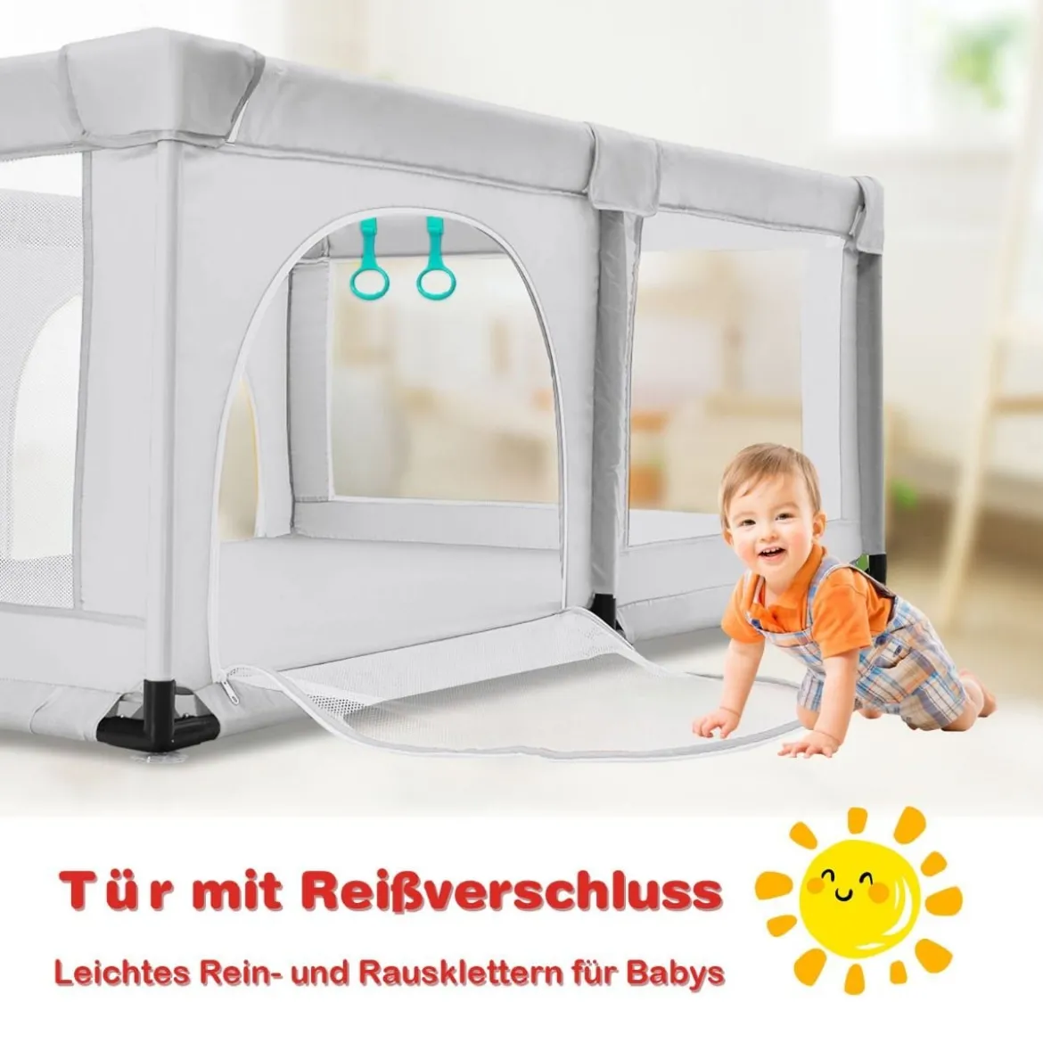 Baby Laufstall mit 50 Spielbällen Laufgitter mit Netz und Reißverschluss 120 x 190 cm Grau