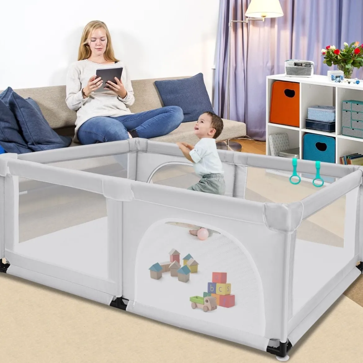 Baby Laufstall mit 50 Spielbällen Laufgitter mit Netz und Reißverschluss 120 x 190 cm Grau