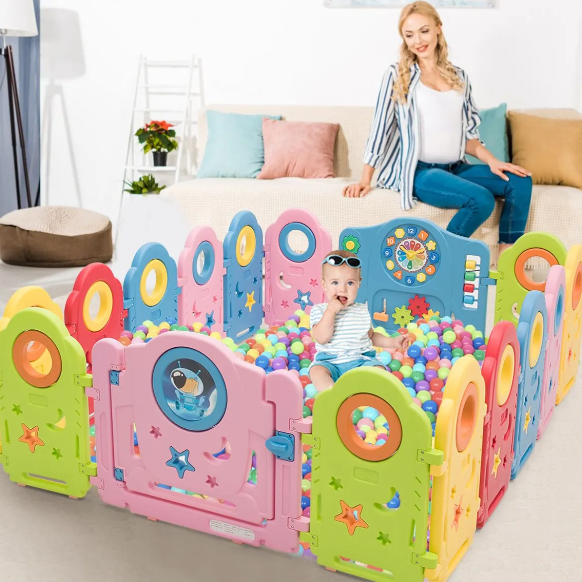 Baby-Laufstall mit 16 Teilen Sicheres Aktivitätszentrum Tragbarer HDPE-Laufstall Bunt