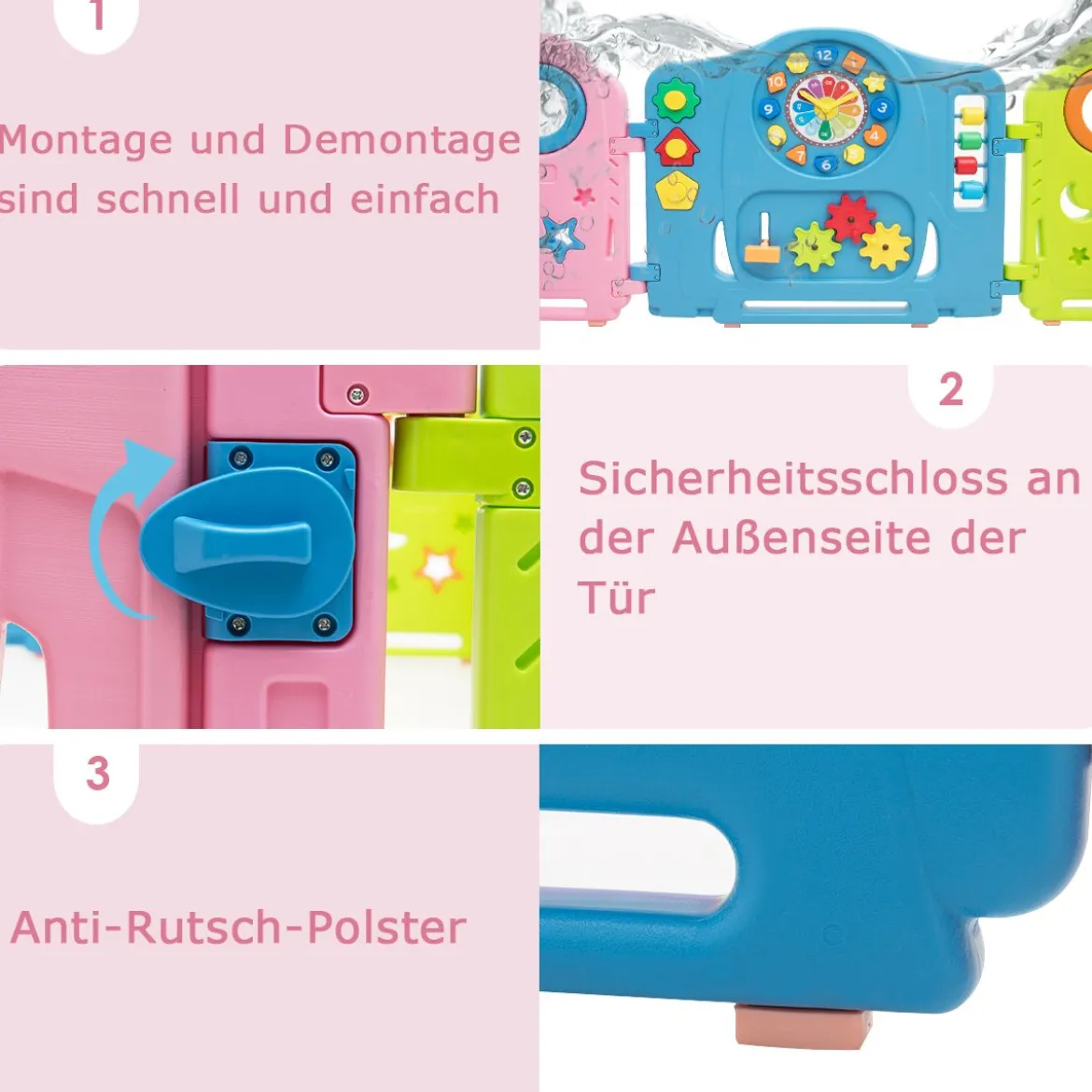 Baby-Laufstall mit 16 Teilen Sicheres Aktivitätszentrum Tragbarer HDPE-Laufstall Bunt
