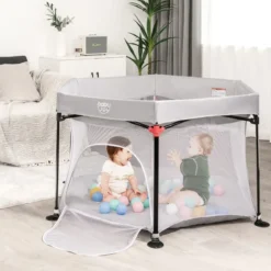 Baby-Laufstall Sechseckiger Faltbarer Laufstall mit Abnehmbarem Baldachin Grau