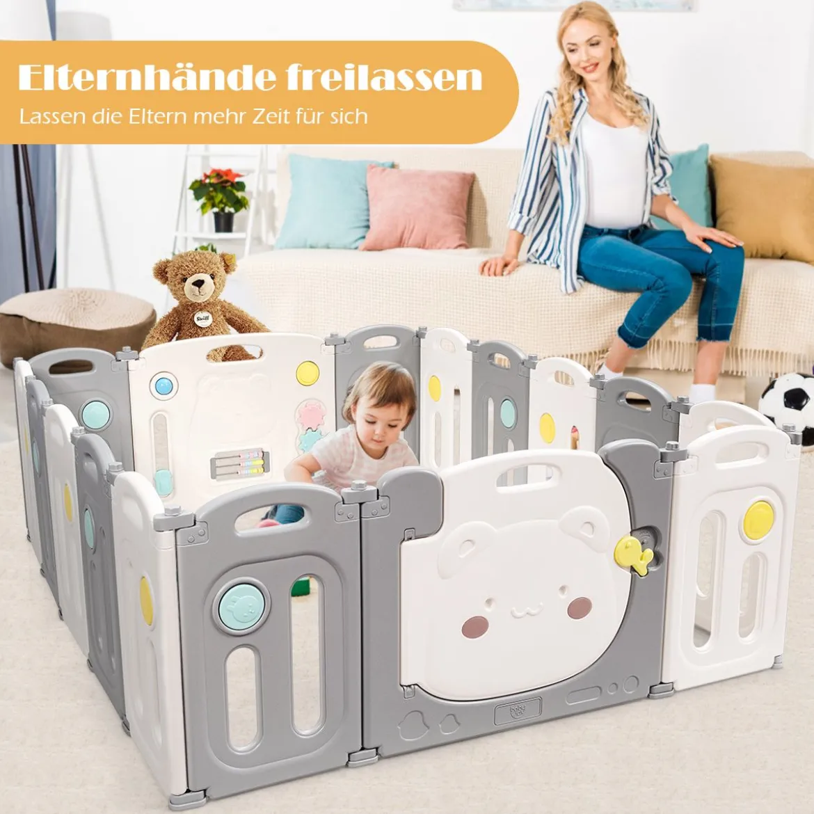Baby-Laufstall 16-Teiligerklappbarer HDPE-Laufstall mit Sicherheitsschloss 150 x 187,5 x 63 cm