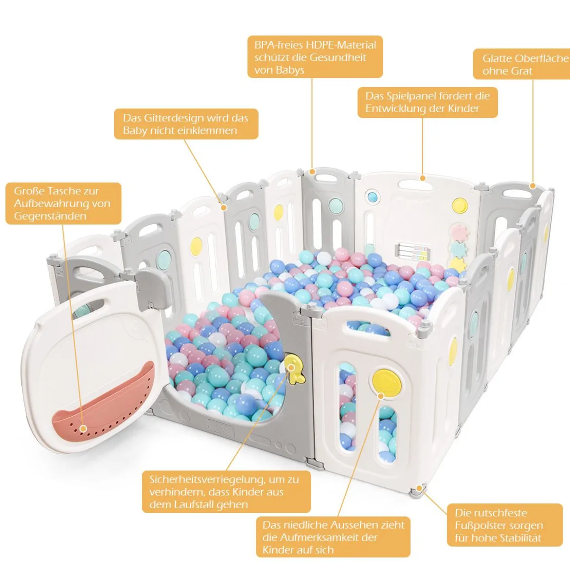 Baby-Laufstall 16-Teiligerklappbarer HDPE-Laufstall mit Sicherheitsschloss 150 x 187,5 x 63 cm