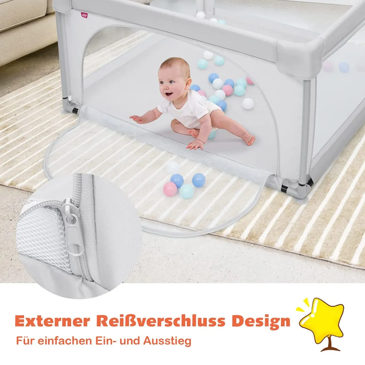 Baby-Laufstall Tragbarer Laufstall mit Sicherheitstoren 120 x 120 x 68 cm Grau